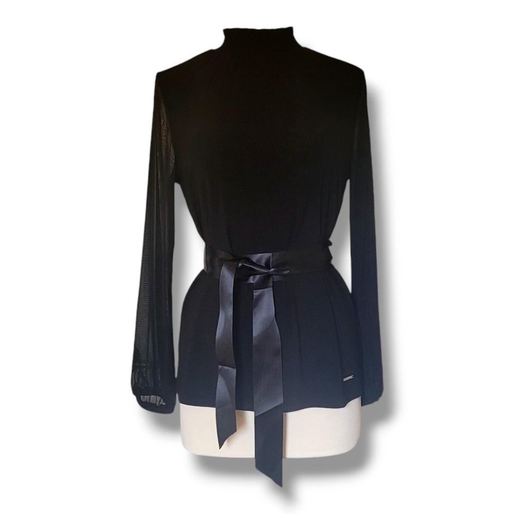 Anne Klein Black Long Sheer Sleeve Top with Smock Gathered Neck. Size Medium